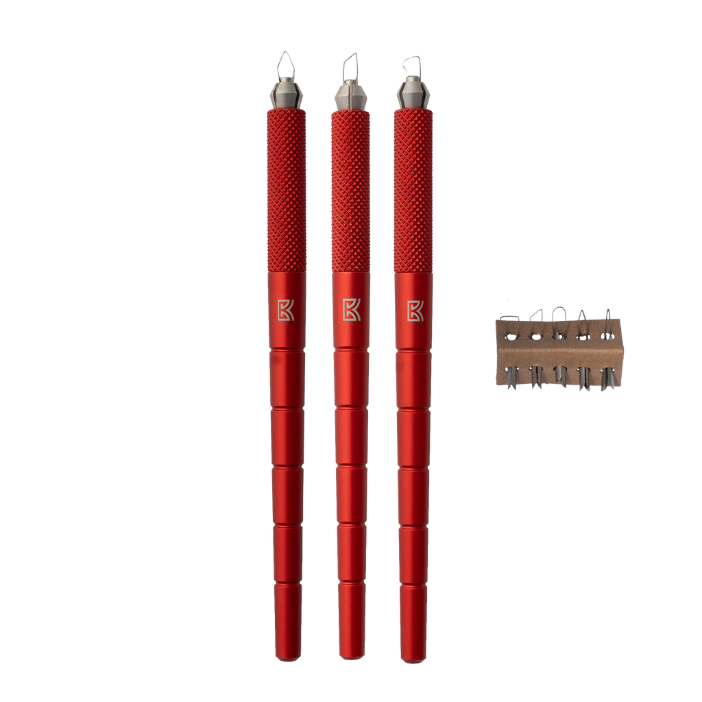 The BuschKraft Dragonfly carving tool starter kit: the knurled metal handle with its collet and a set of interchangeable blade tips.