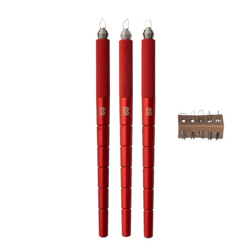 The BuschKraft Dragonfly carving tool starter kit: the knurled metal handle with its collet and a set of interchangeable blade tips.