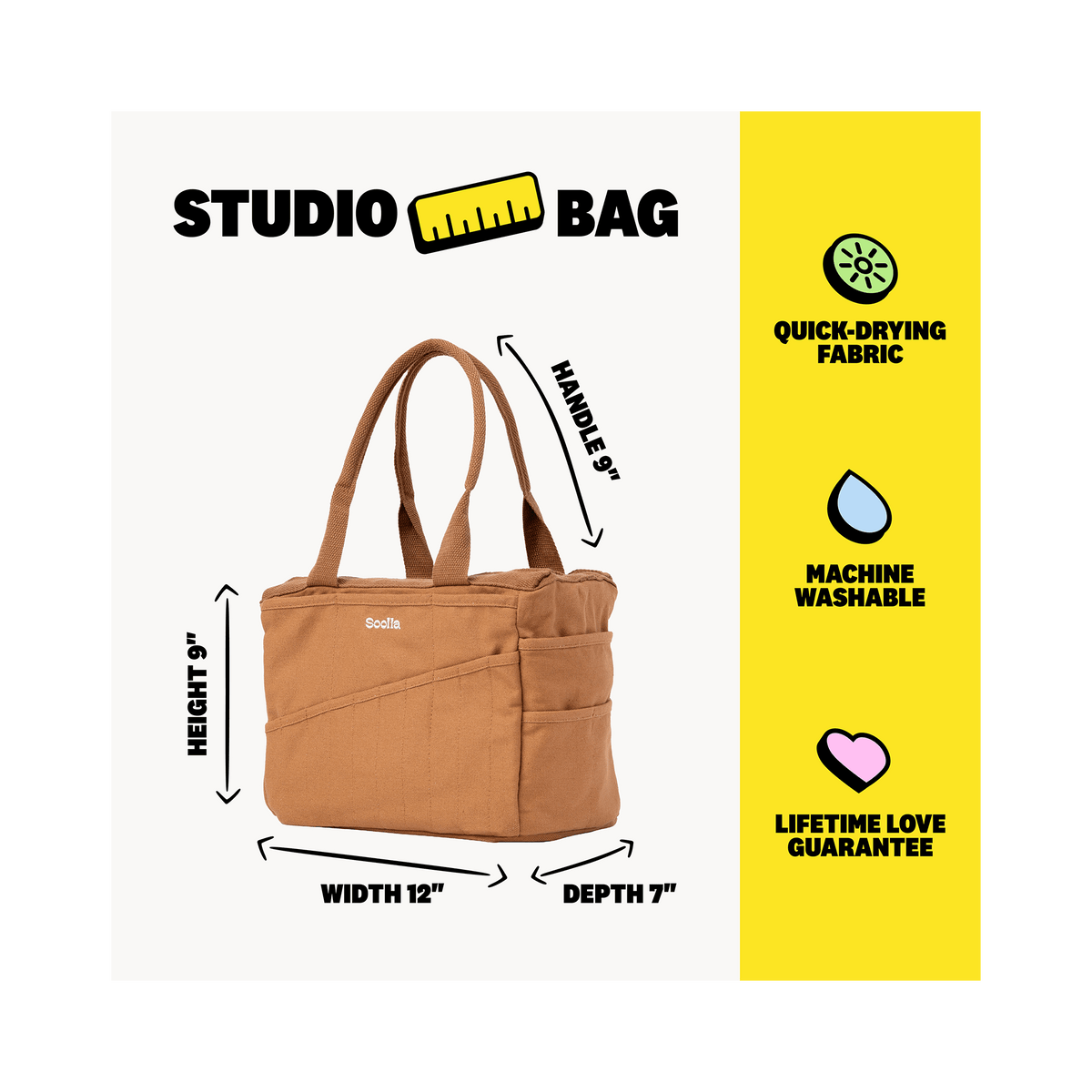 Brown tote bag with measurements and feature icons on a white background