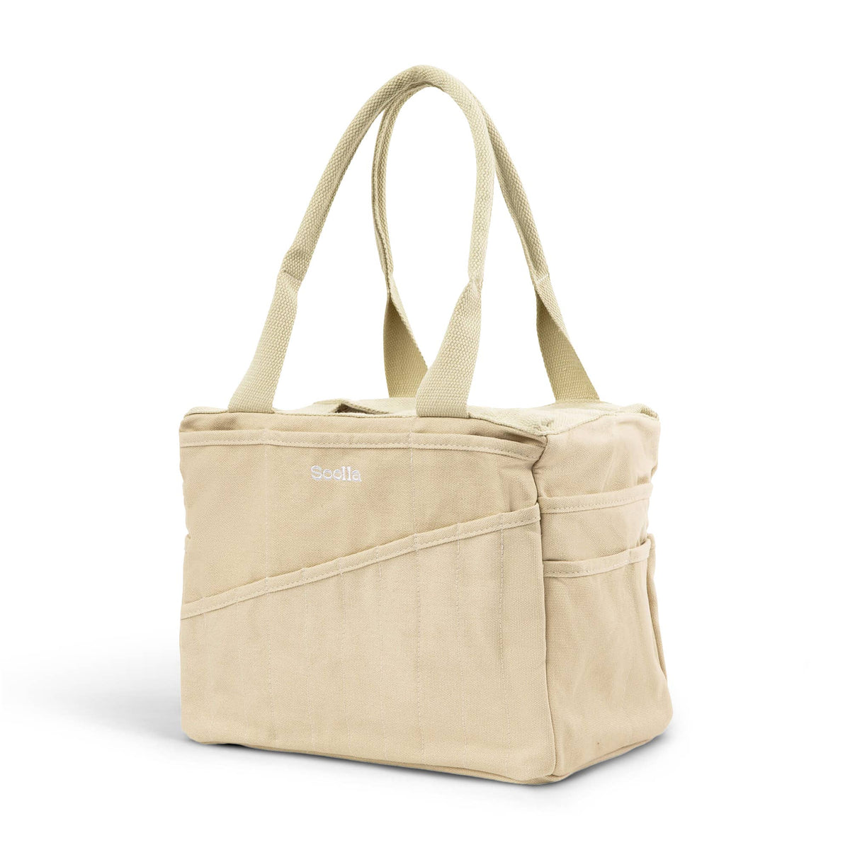 Beige tote bag with a visible brand logo on a white background Soolla for ceramic makers 