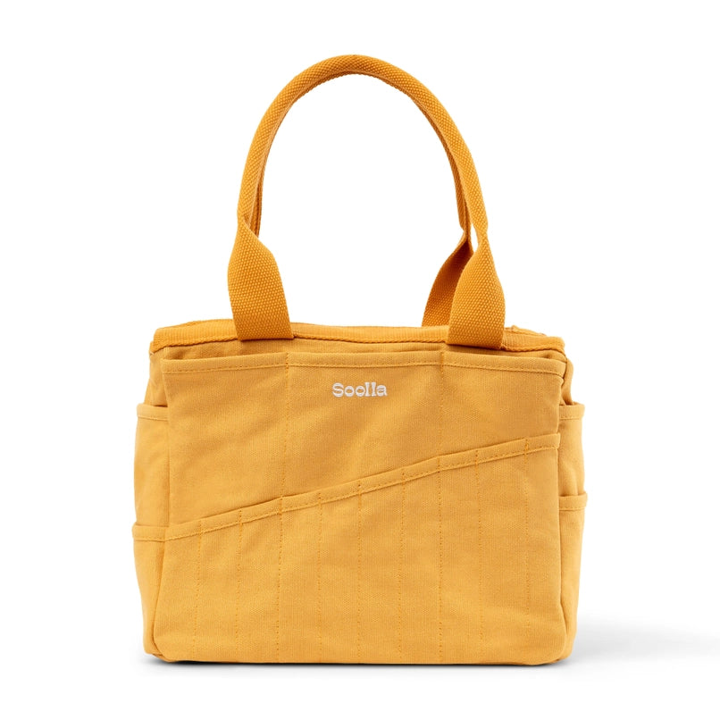 Yellow tote bag with 'Sodila' branding on a white background