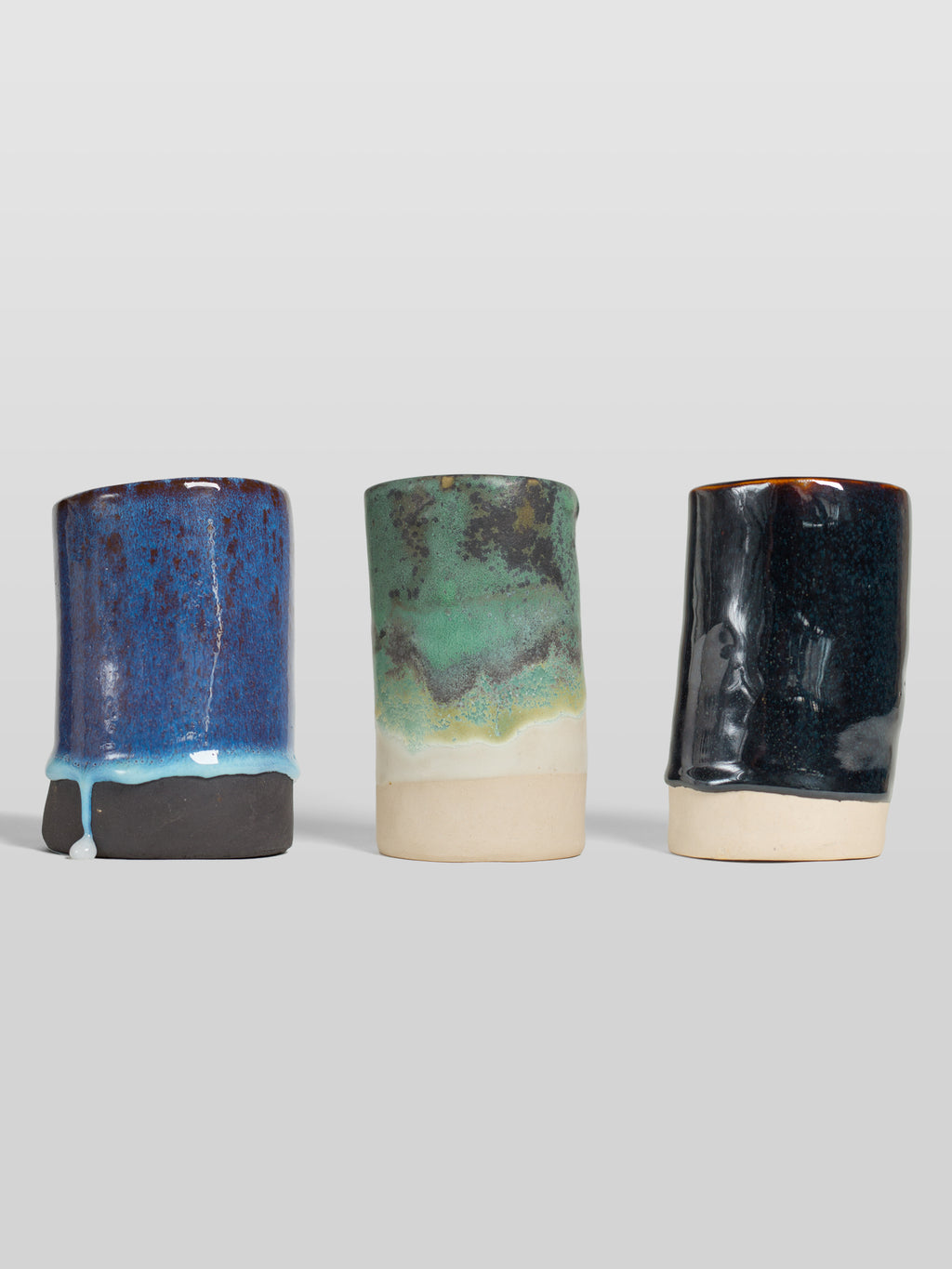 The GLOST Glaze Taster Set: three 250ml brush-on glazes, Snow Drift, Tea Dust and Malachite.