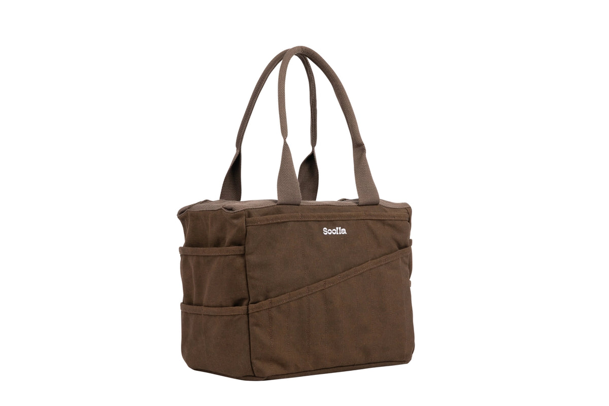 Soolla studio tool bag in brown canvas, with outside pockets