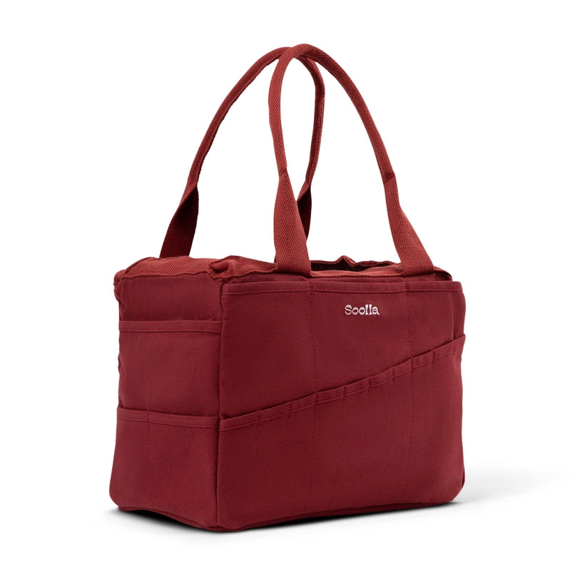 Red tote bag with 'Scolla' branding on a white background