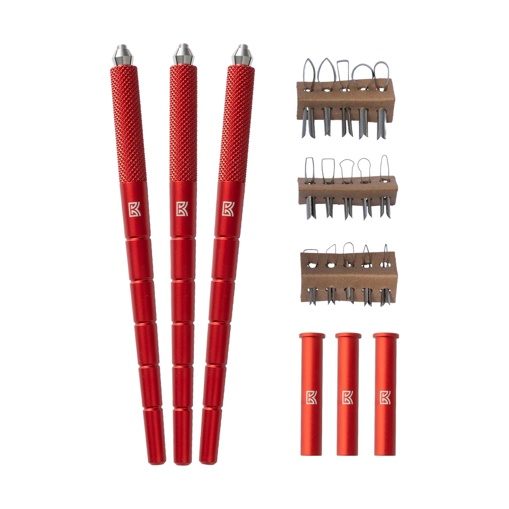 BuschKraft Dragonfly Complete Starter Kit: three red handles, three racks of carving blades and three grip components