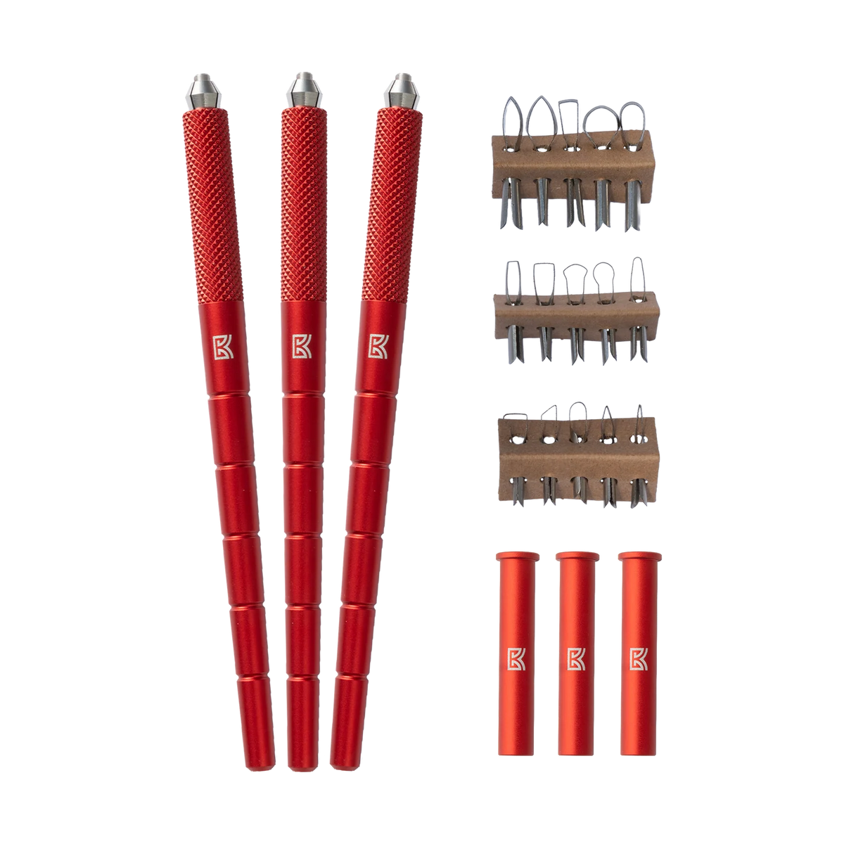 BuschKraft Dragonfly Complete Starter Kit: three red handles, three racks of carving blades and three grip components