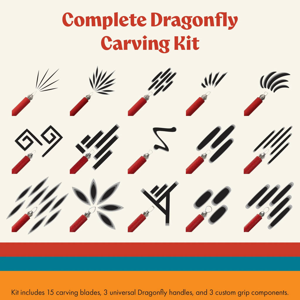 Complete Dragonfly Carving Kit chart of the marks made by its 15 blades, 3 handles and 3 custom grip components