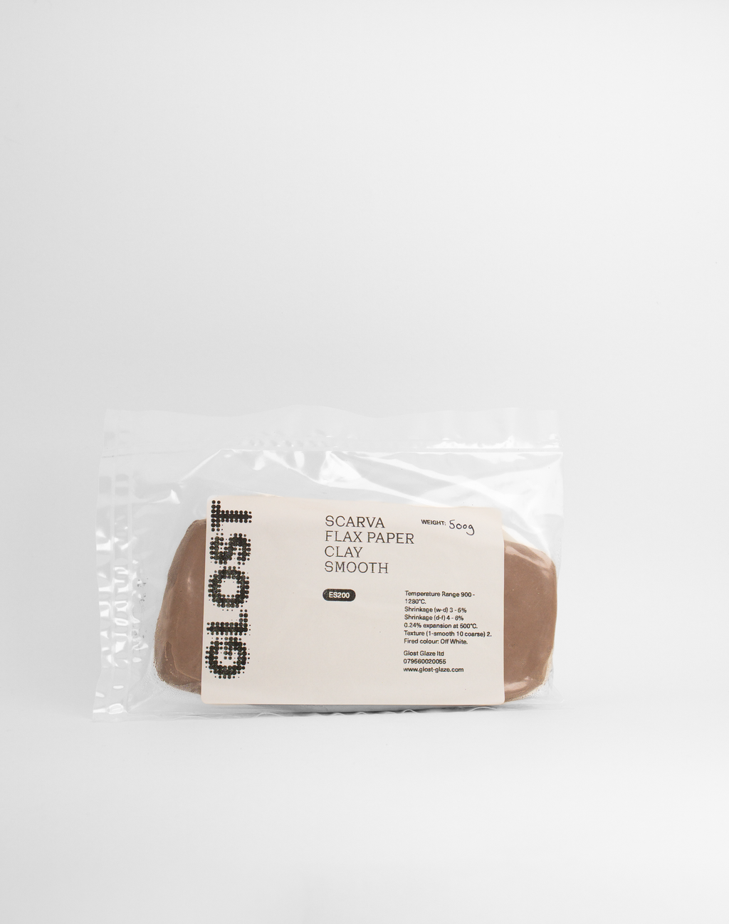 A 500g bag of Scarva Flax Paper Clay Smooth ES200 with the GLOST label
