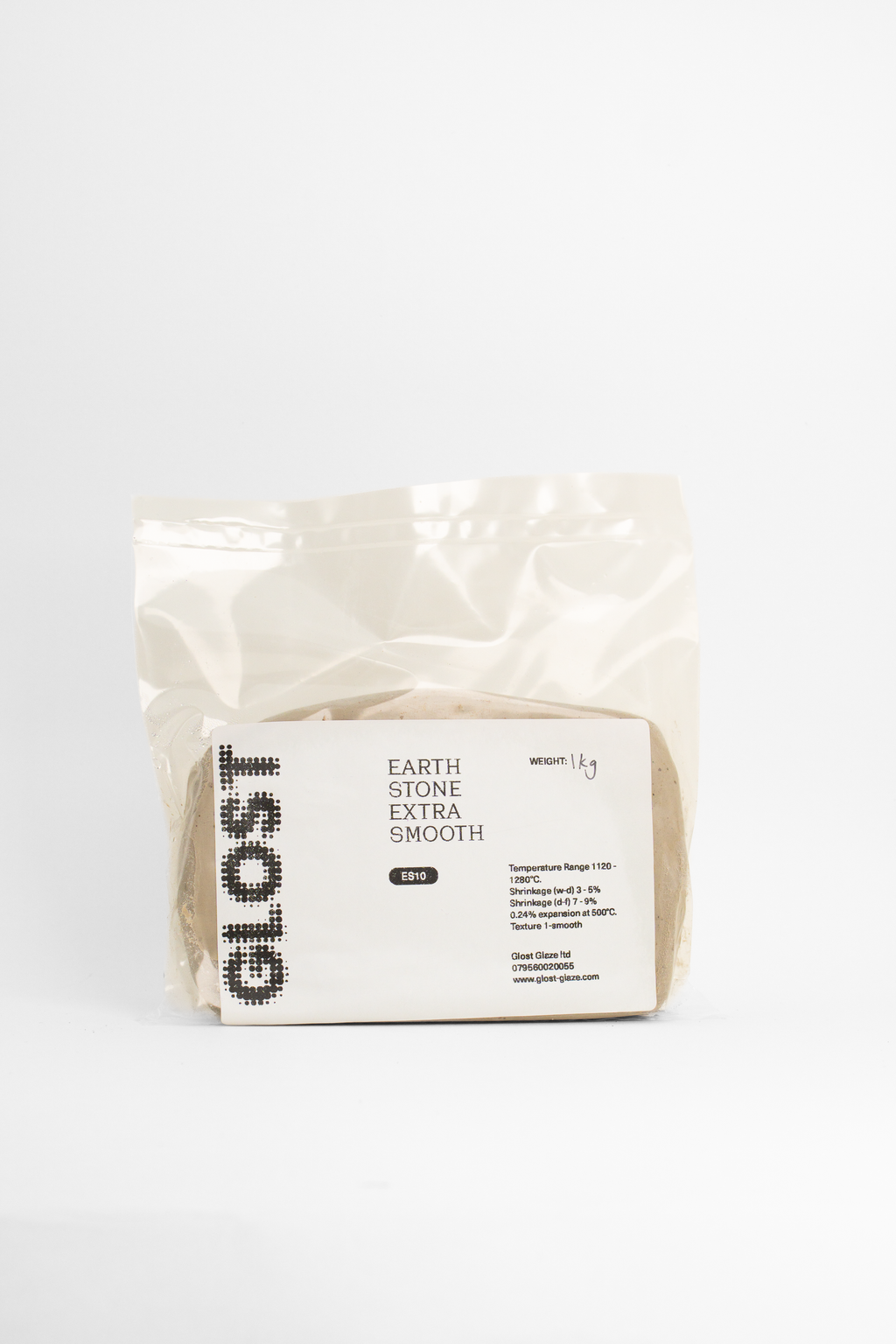 A 1kg bag of GLOST Earthstone Extra Smooth ES10 with the printed label