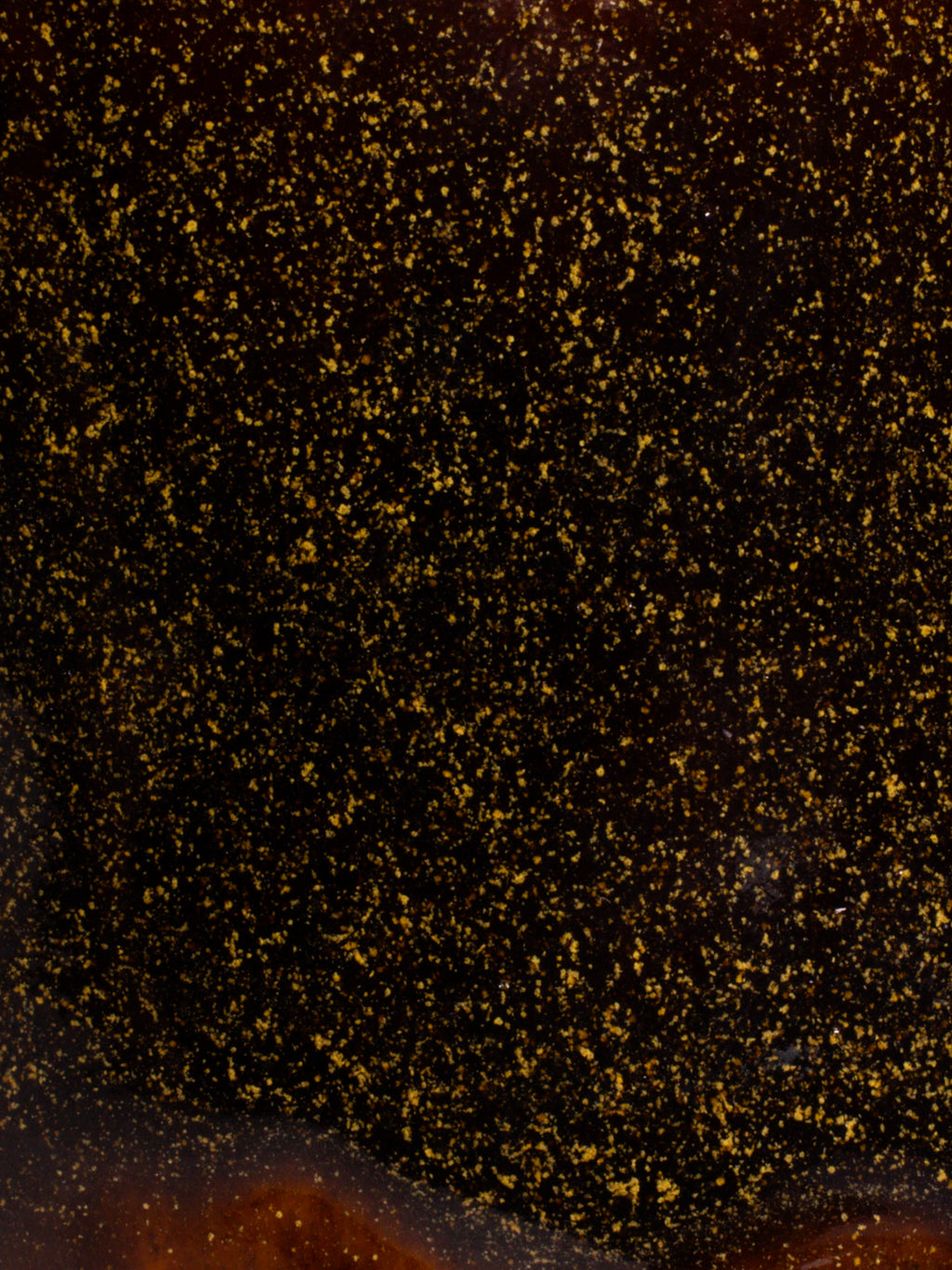 Close view of the Golden Honey surface, fine gold speckle suspended in a deep brown gloss