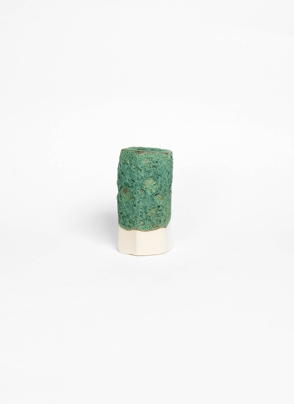 Cylindrical ceramic vase with textured green moss lava glaze on porcelain