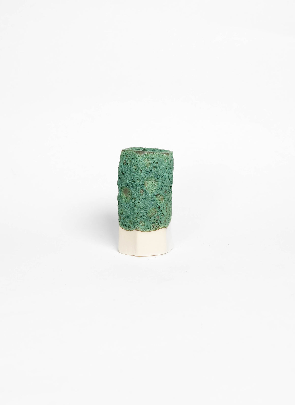 Cylindrical ceramic vase with textured green moss lava glaze on porcelain