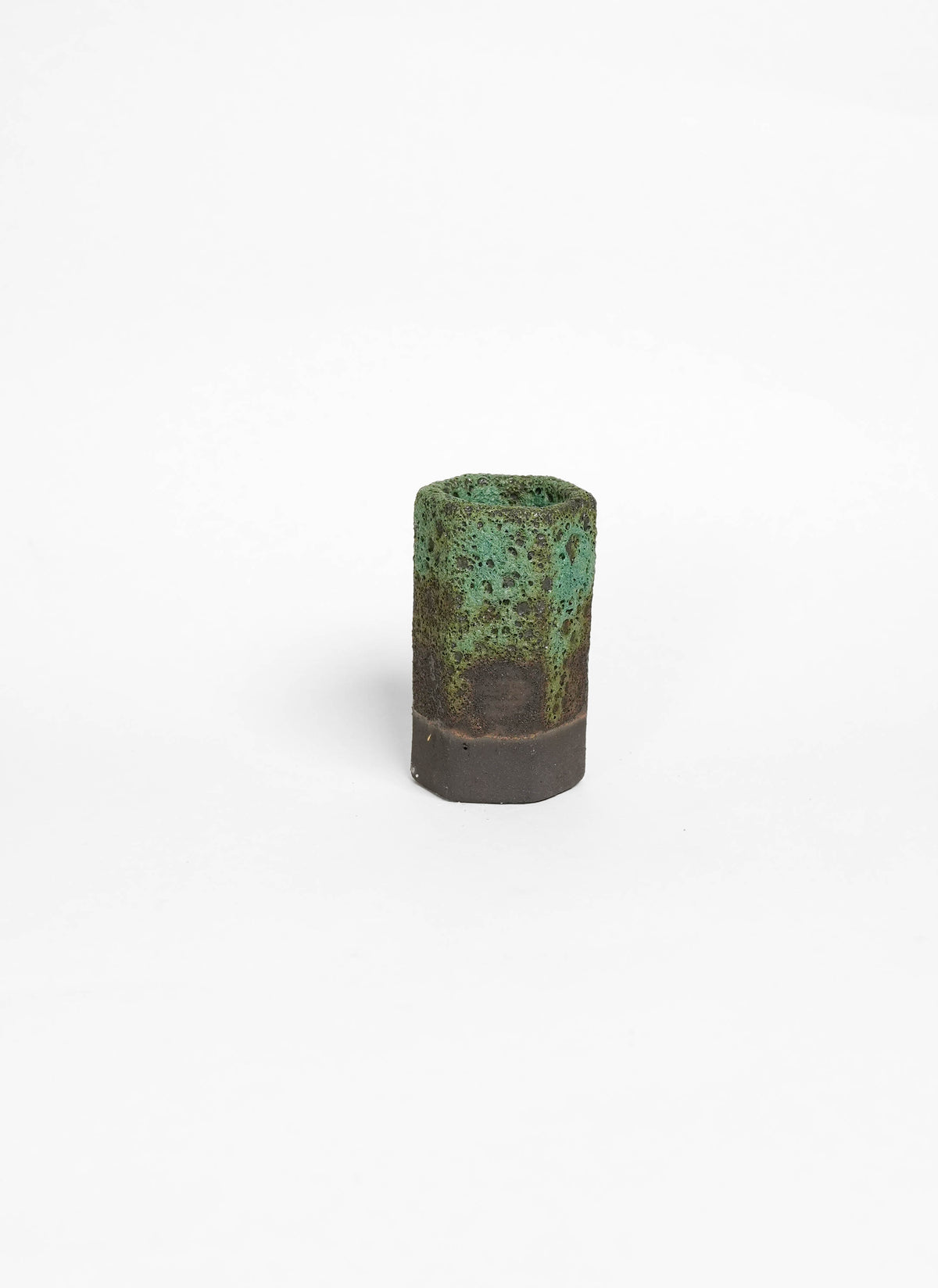 Small cylindrical ceramic vase with green moss lava glaze 
