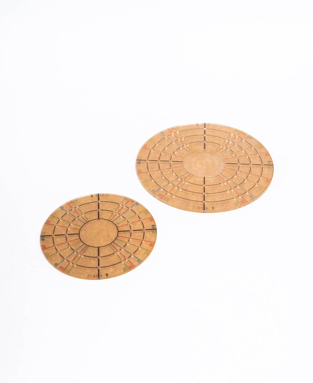 Both sizes of the circular ruler, 8cm and 12cm, amber acrylic discs marked with concentric rings and coloured radial divisions.