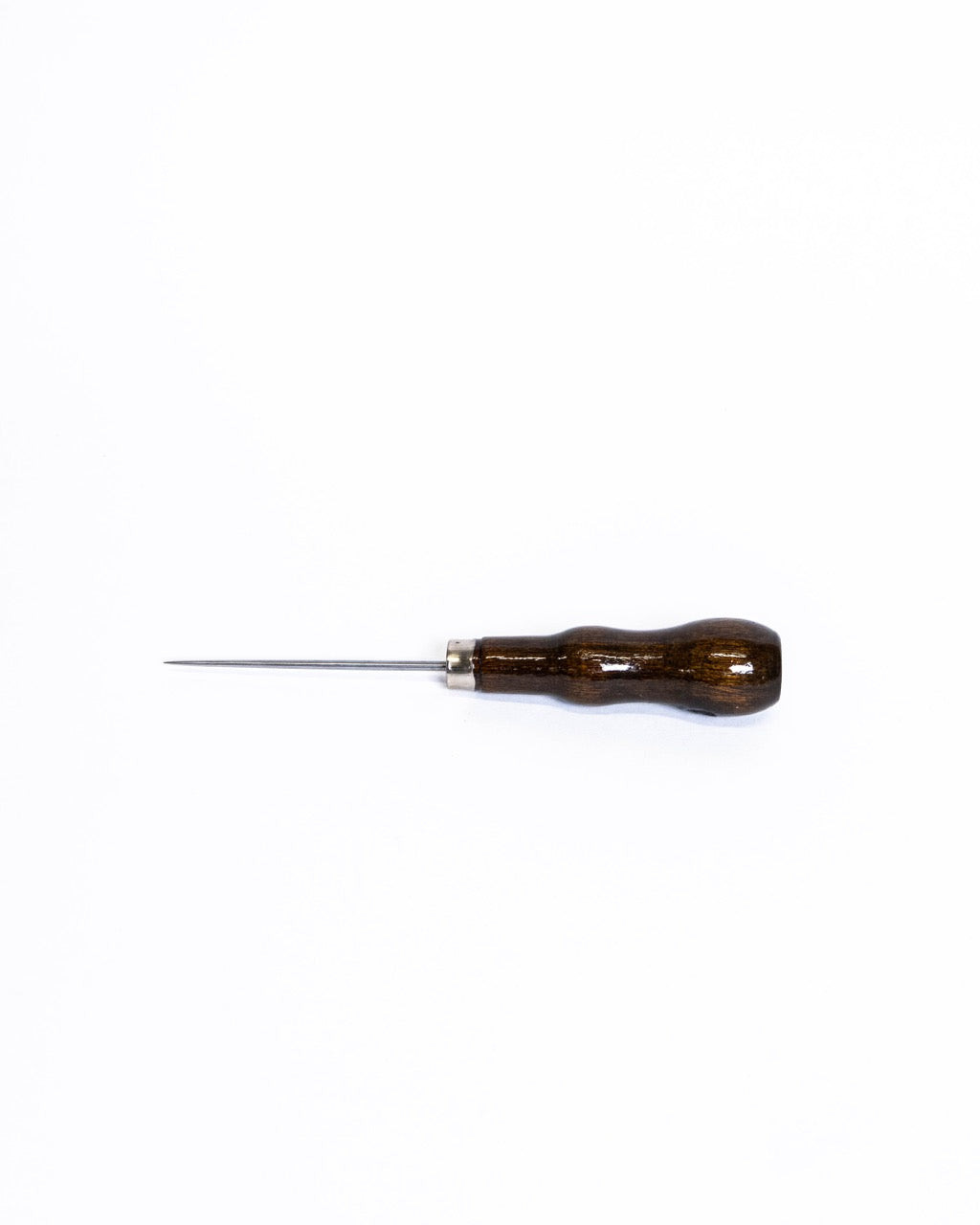 Pin tool with a dark curved wooden handle and a steel point, on a white background