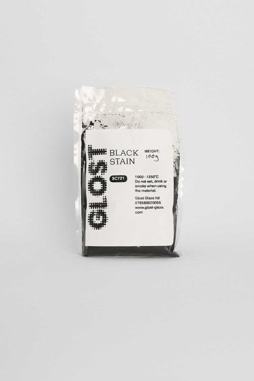 Black ceramic stain by GLOST Glaze, 100g sachet, for colouring glazes, slips, and clay bodies. Made in Britain.