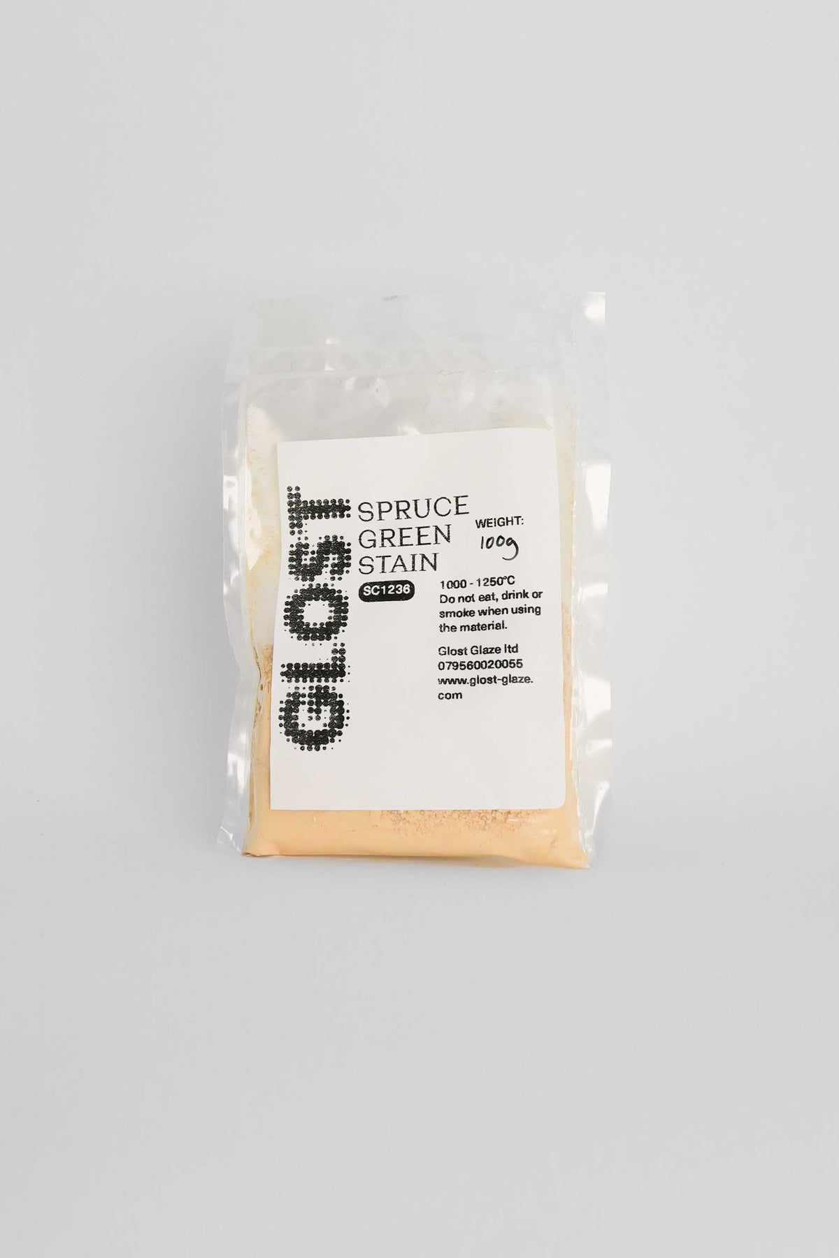 Spruce Green ceramic stain by GLOST Glaze, 100g sachet, for colouring glazes, slips, and clay bodies. Made in Britain.
