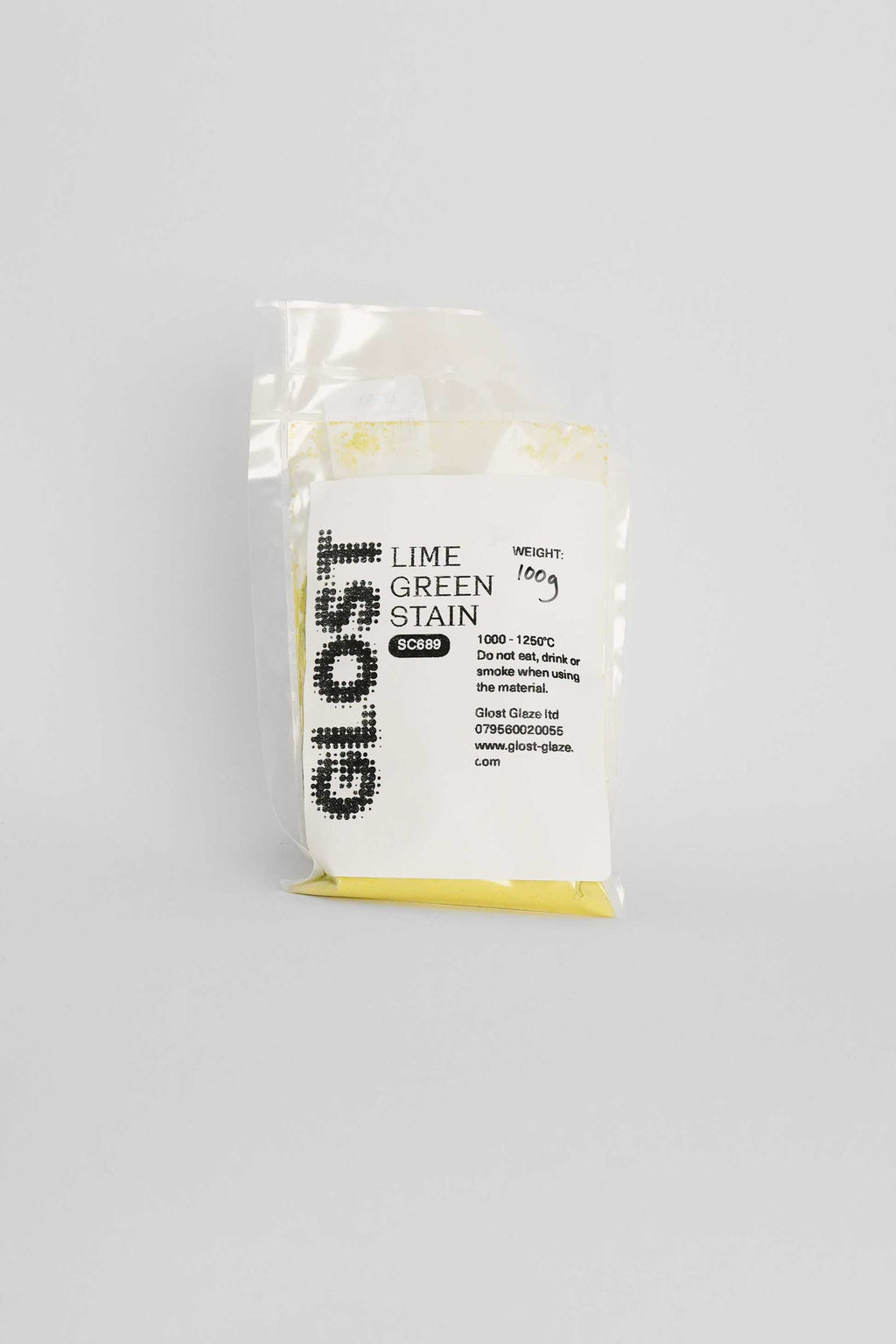 Lime Green ceramic stain by GLOST Glaze, 100g sachet, for colouring glazes, slips, and clay bodies. Made in Britain.