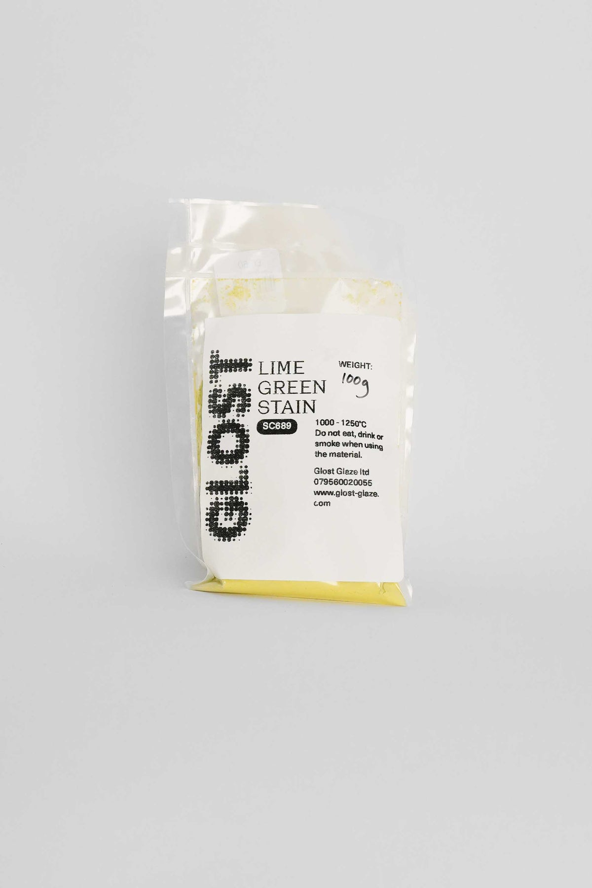 Lime Green ceramic stain by GLOST Glaze, 100g sachet, for colouring glazes, slips, and clay bodies. Made in Britain.