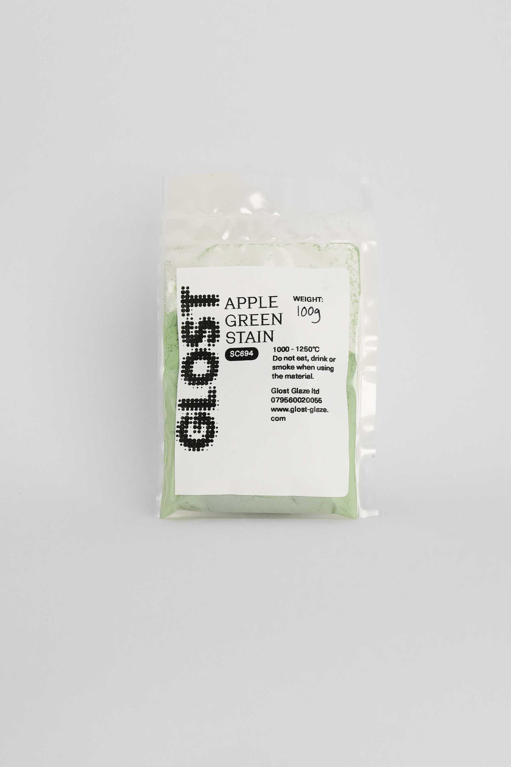 Apple Green ceramic stain by GLOST Glaze, 100g sachet, for colouring glazes, slips, and clay bodies. Made in Britain.