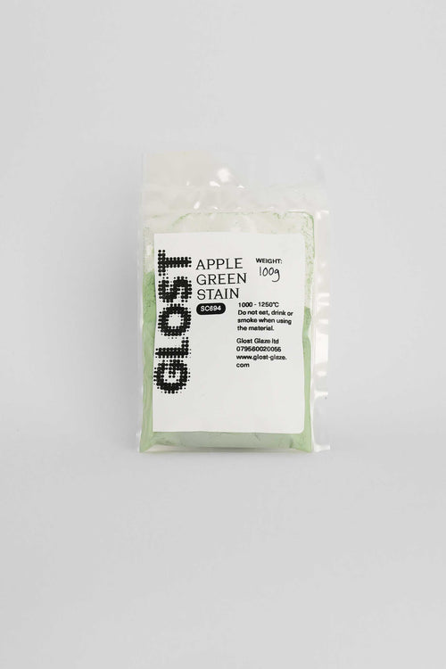 Apple Green ceramic stain by GLOST Glaze, 100g sachet, for colouring glazes, slips, and clay bodies. Made in Britain.