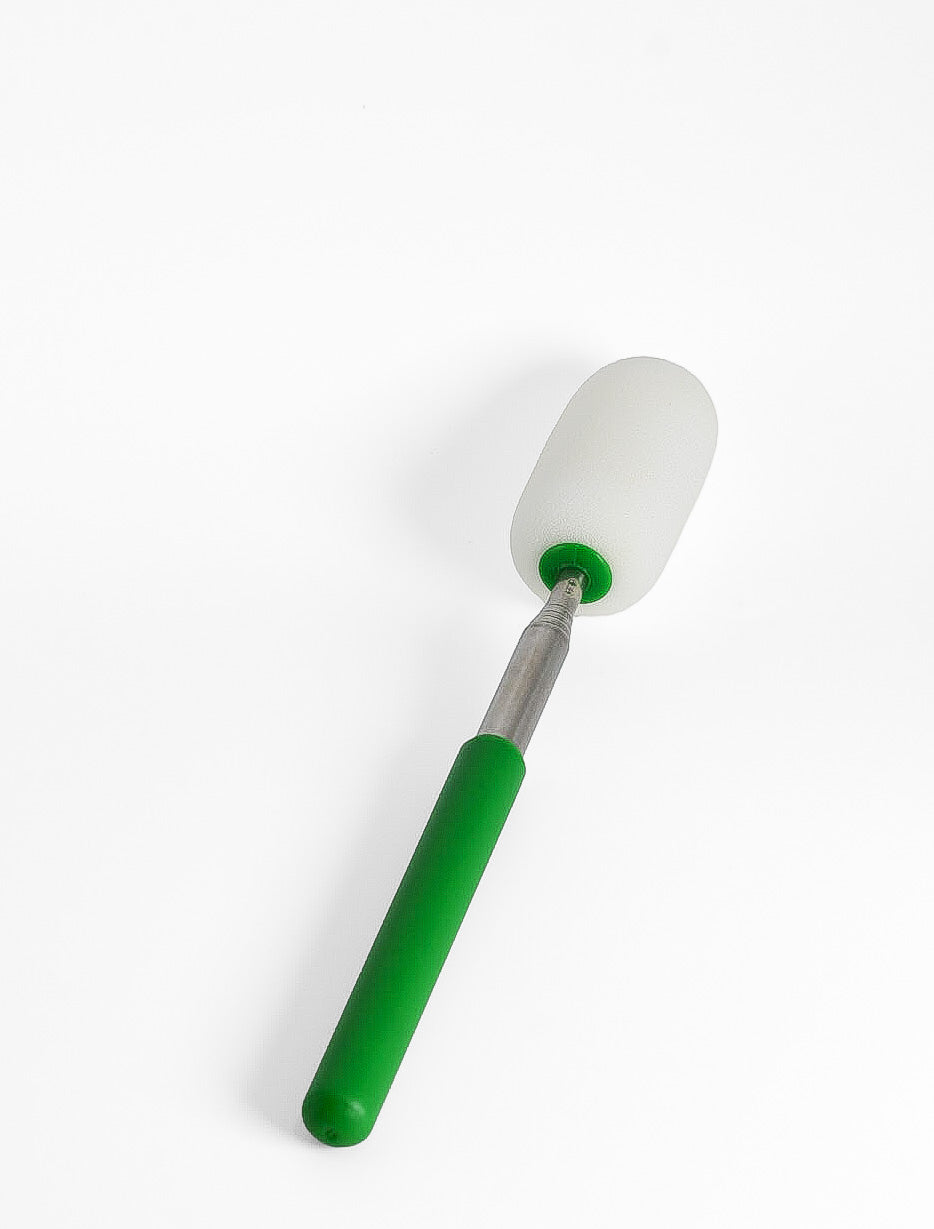 Telescopic sponge on a stick: synthetic sponge head on an extendable handle, for reaching inside tall or narrow thrown vessels.