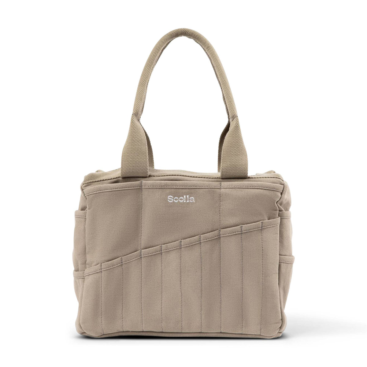 Soolla potters tote bag with multiple pockets and a visible brand logo on a white background