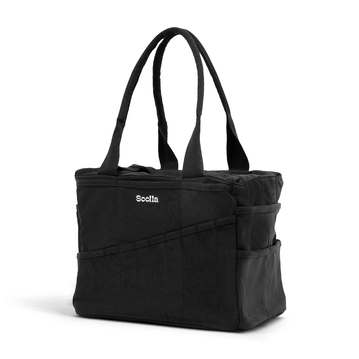 Black tote bag for craft makers Soolla with multiple compartments on a white background