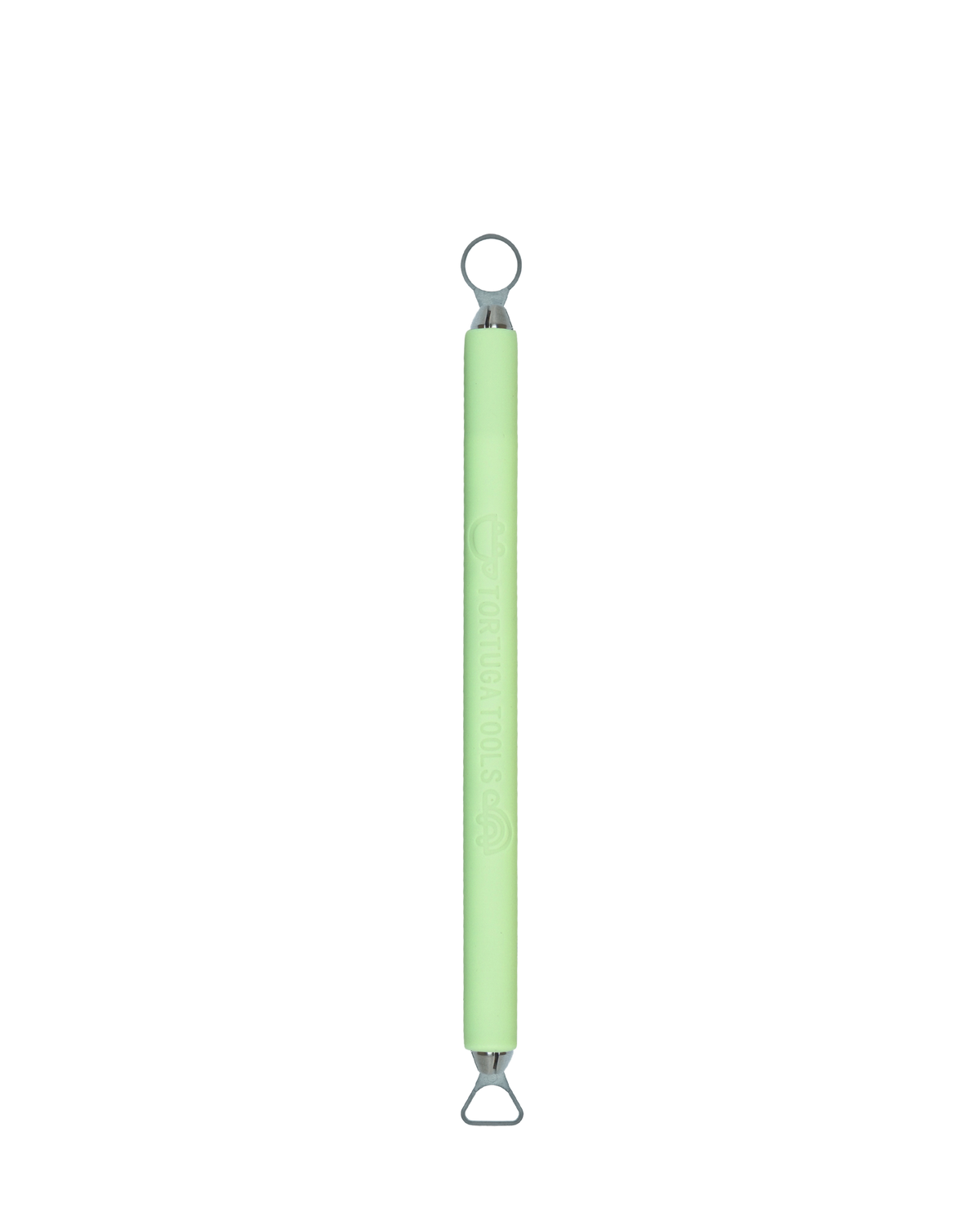 Tortuga Tools The Delta & Loop, Lime colourway: a double-ended trimming tool, round loop at one end and triangular delta at the other.