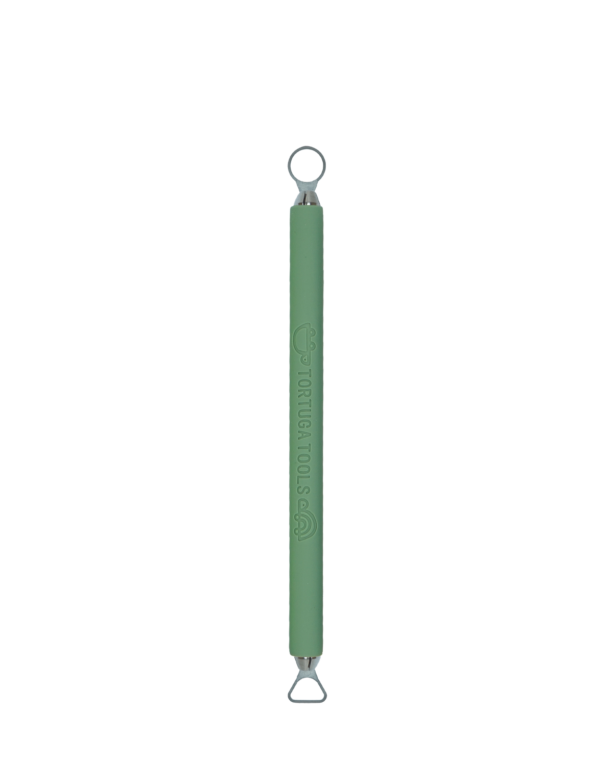 Tortuga Tools The Delta & Loop, Moss colourway: a double-ended trimming tool, round loop at one end and triangular delta at the other, green silicone handle.