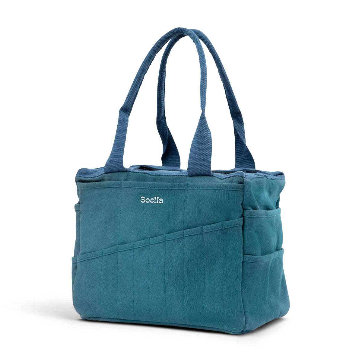 Aquamarine Soolla tote bag with multiple pockets and a visible brand logo on a white background