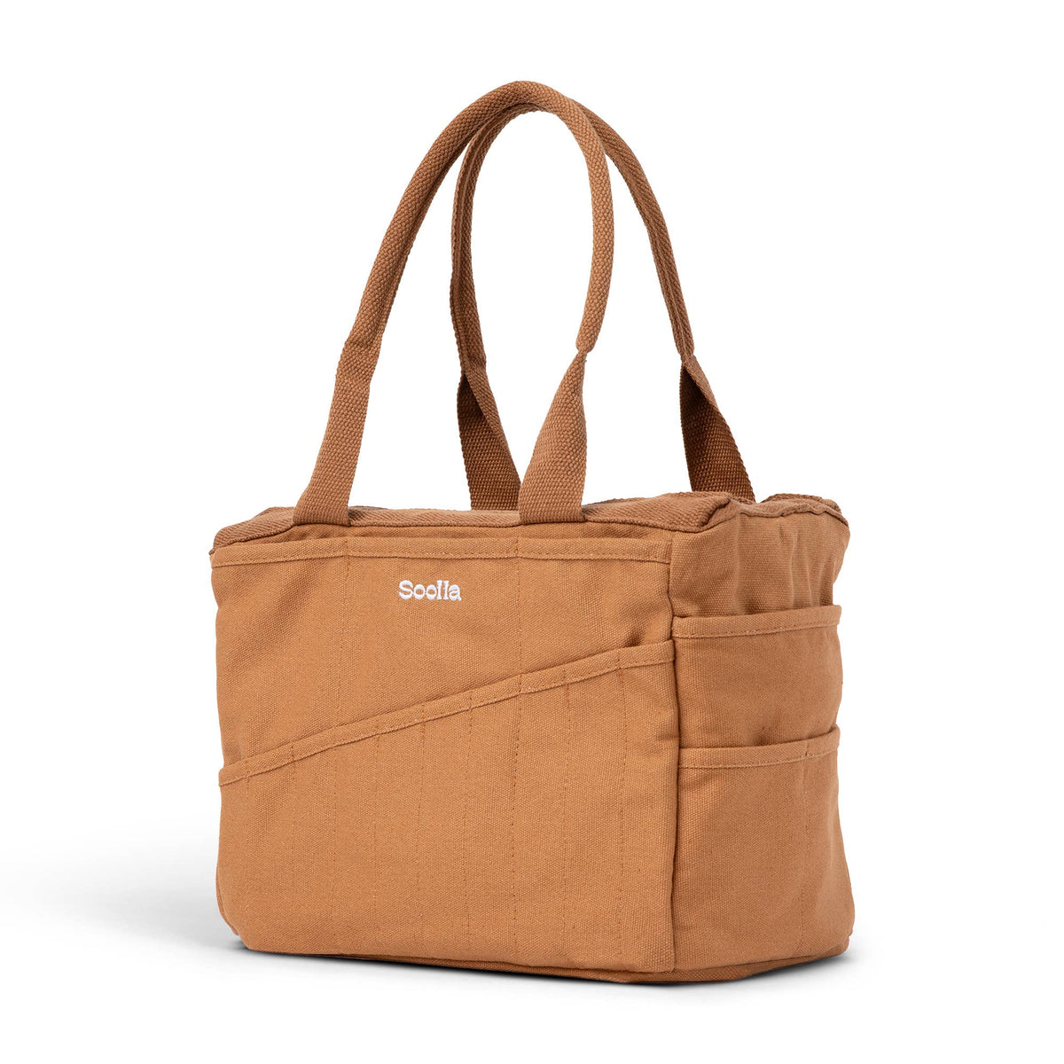 Brown Soolla potters tote bag with  branding on a white background