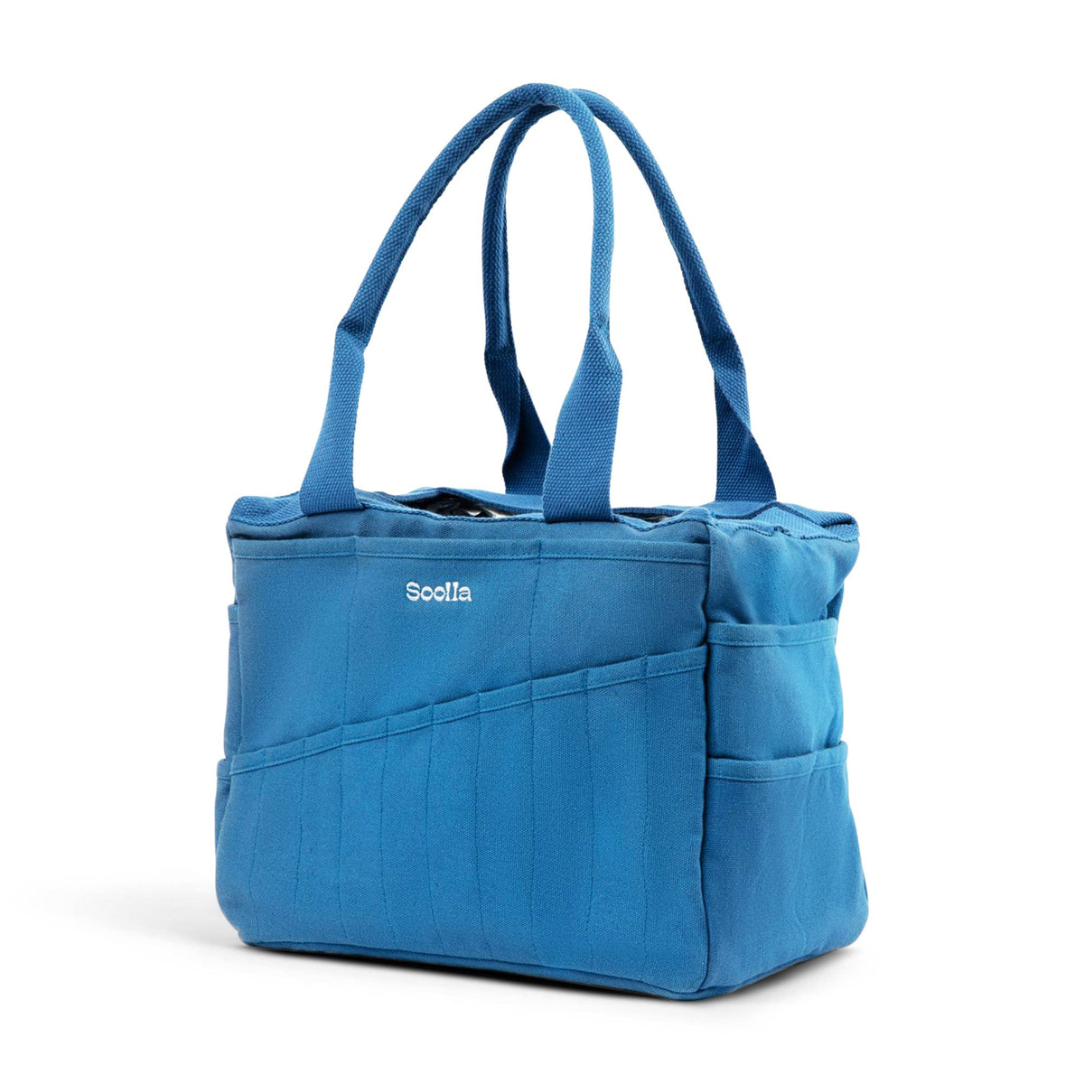 Blue tote bag with multiple pockets and handles on a white background Soolla for potters