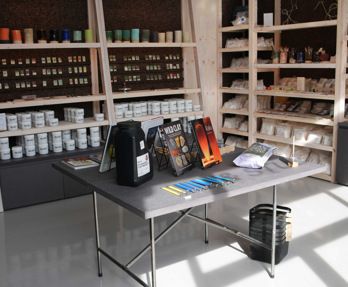 Inside the GLOST shop in Peckham, shelves of ceramic supplies