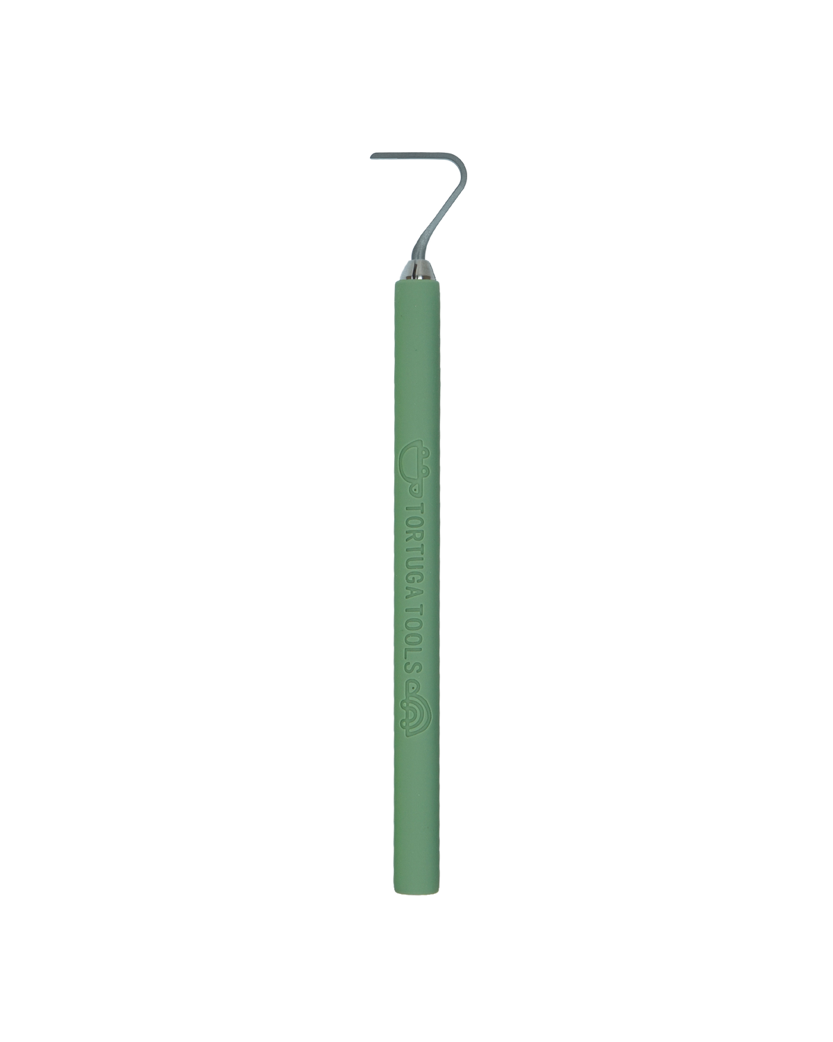 Tortuga Tools The Seven trimming tool, Moss colourway: an angled tungsten carbide tip for tight corners and foot rings, on a green silicone handle.